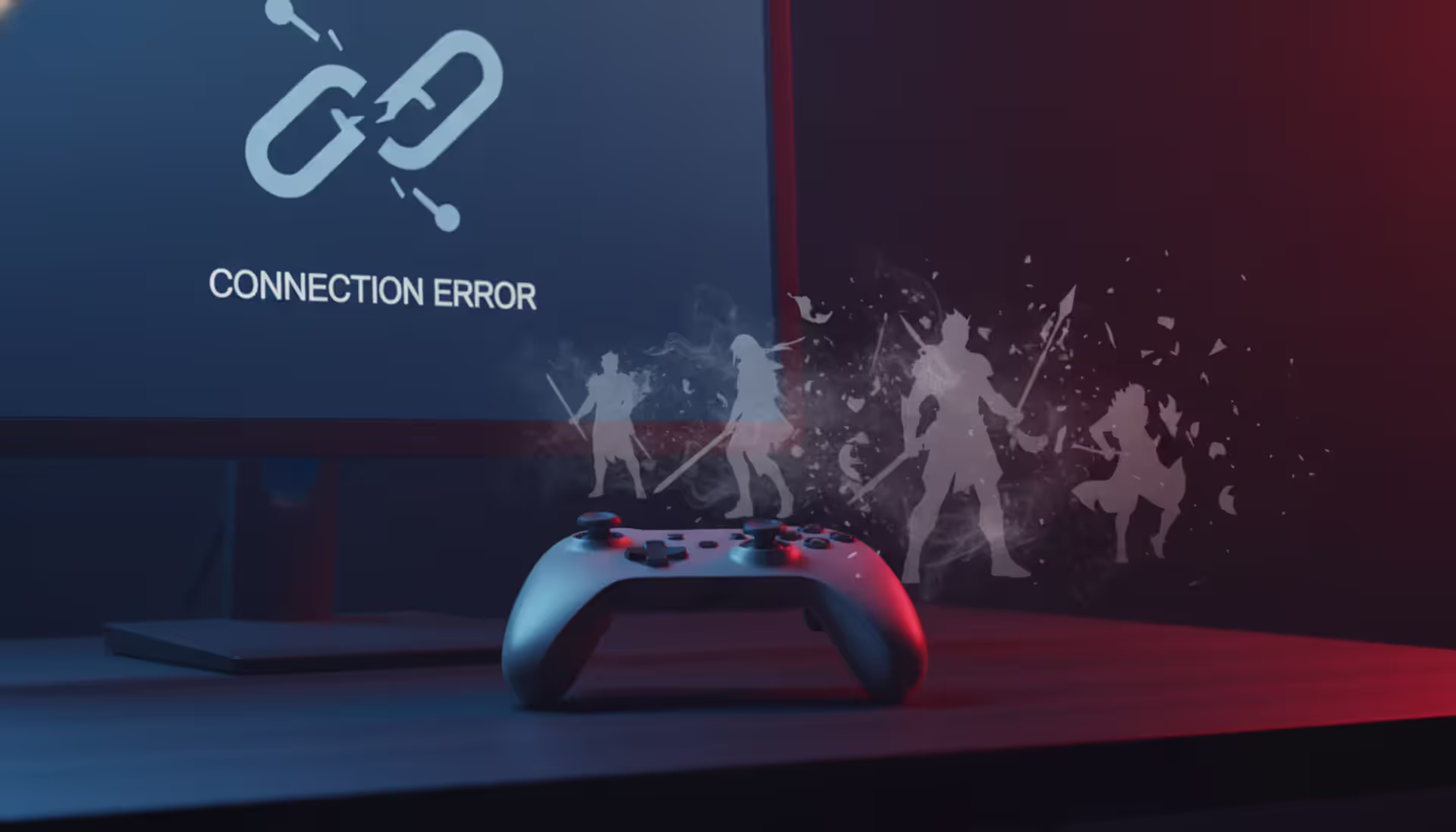 A game controller on a dark desk with a monitor showing a connection error icon and fading translucent silhouettes of video game characters in dramatic blue and red lighting