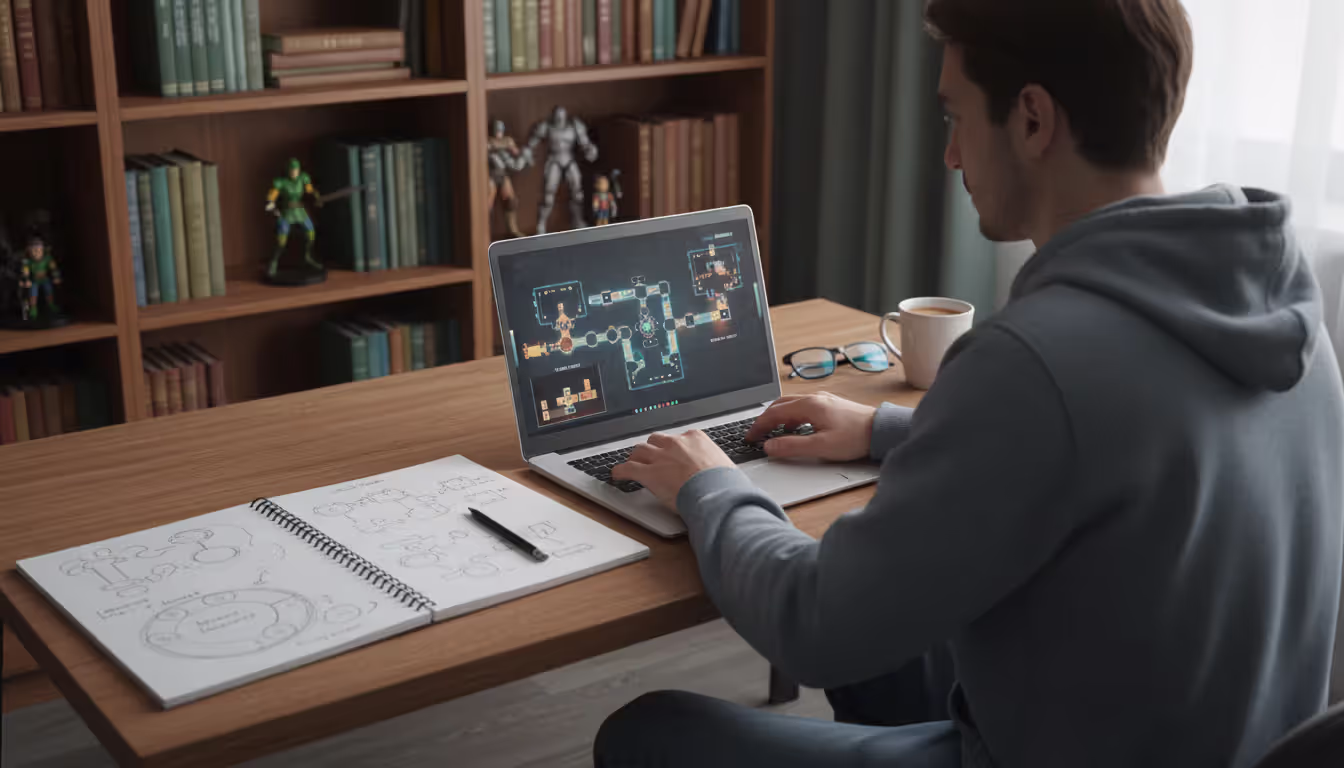 A young aspiring game designer working on a laptop showing a game level project, with an open sketchbook of hand-drawn level layouts on the desk and gaming figurines on a bookshelf behind