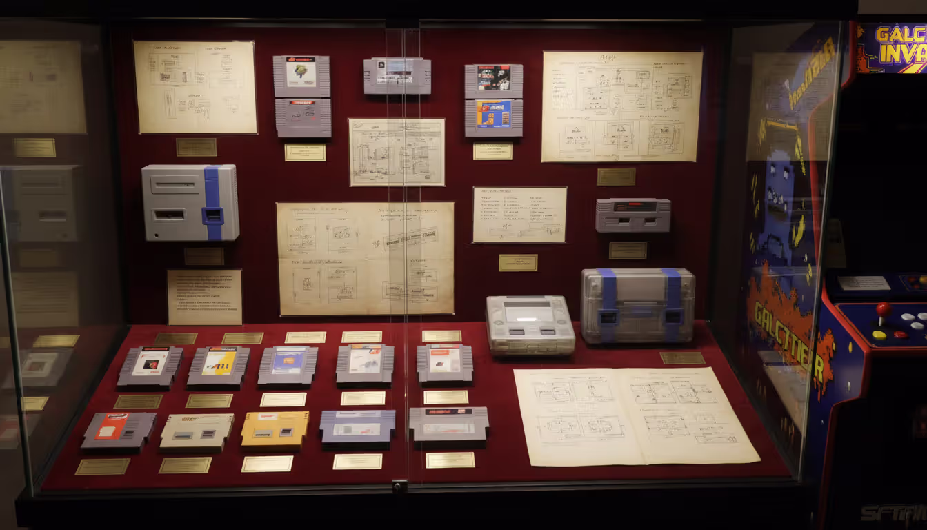 Close-up of a museum display case featuring retro game cartridges, console prototypes, and design documents arranged on velvet lining with descriptive labels