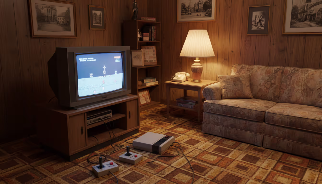 Recreated 1980s living room in a museum with wood panel walls, patterned carpet, a CRT television on a stand connected to a retro gaming console, and two joysticks on the floor