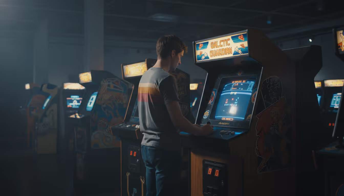 Museum visitor playing a classic arcade game on an original 1980s arcade cabinet with pixel graphics on screen, surrounded by other colorful arcade machines in a dimly lit exhibition hall