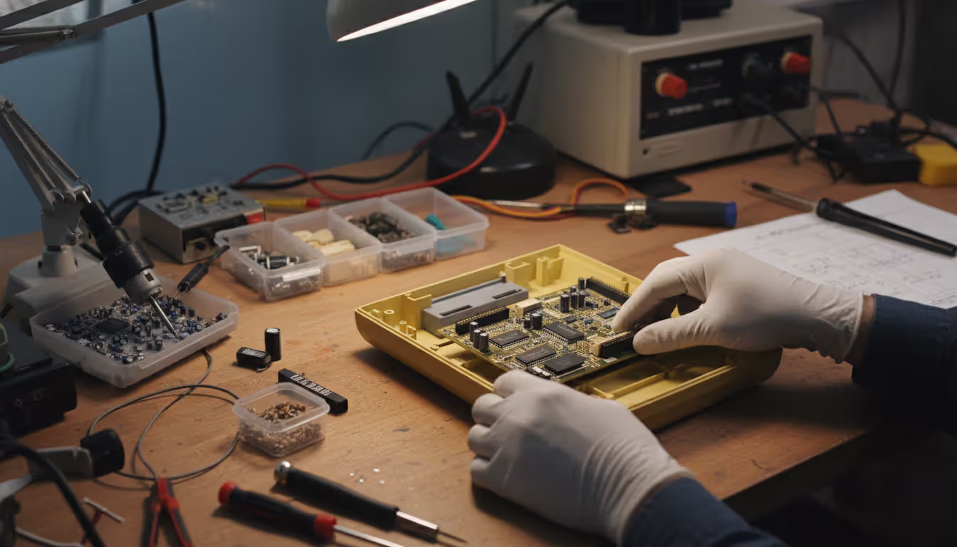Hands in anti-static gloves carefully removing a circuit board from a vintage gaming console on a restoration workshop table with soldering station, magnifying lamp, and organized electronic components