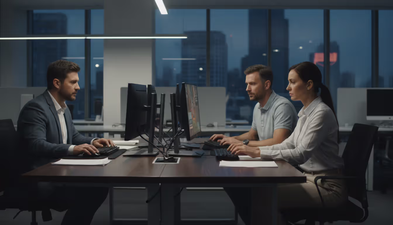Three adult ESRB raters sitting at office desks reviewing video game content on separate monitors