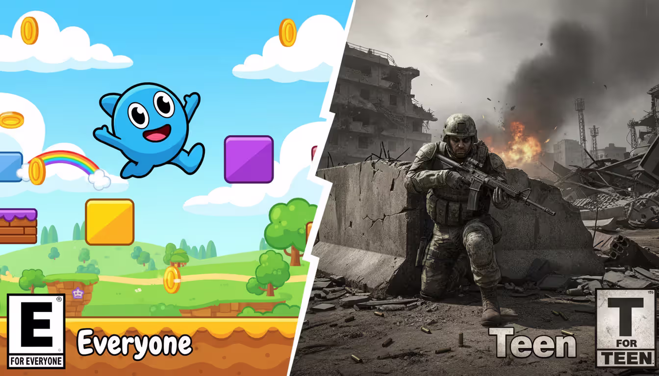 Split comparison image showing a colorful cartoon platformer character on the left versus a realistic soldier in a dark battlefield scene on the right