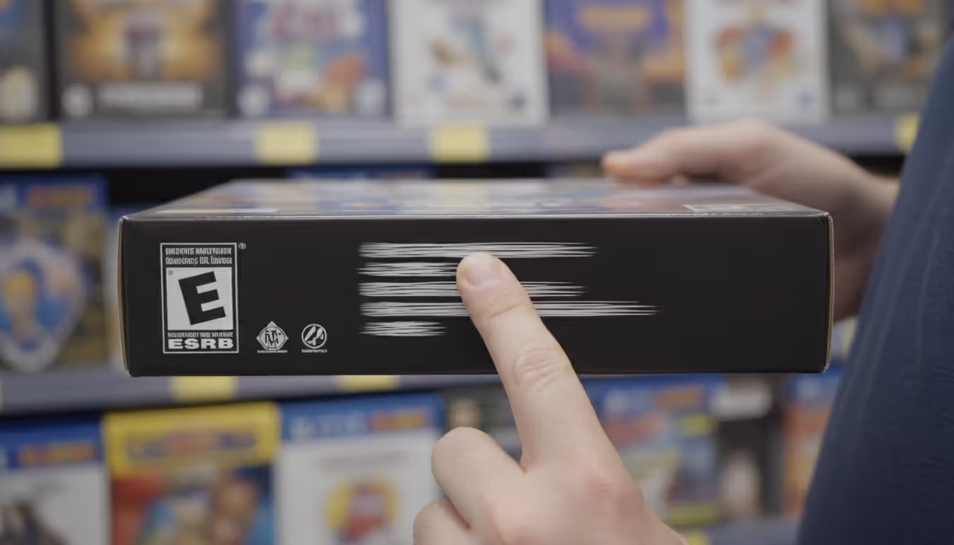 Close-up of an adult hand holding a video game box and pointing at content descriptor labels on the back of the packaging in a game store