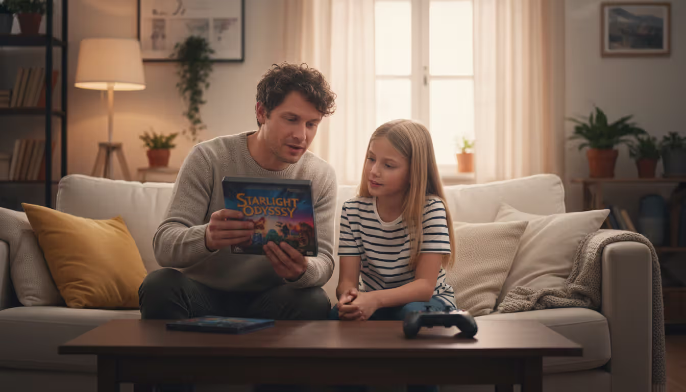 Parent and child sitting on a couch in a cozy living room discussing a video game box while a game controller rests on the coffee table