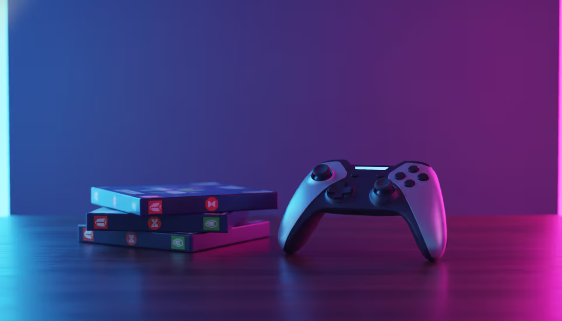 Modern game controller on a desk next to video game boxes with colorful age rating labels in neon-lit gaming atmosphere