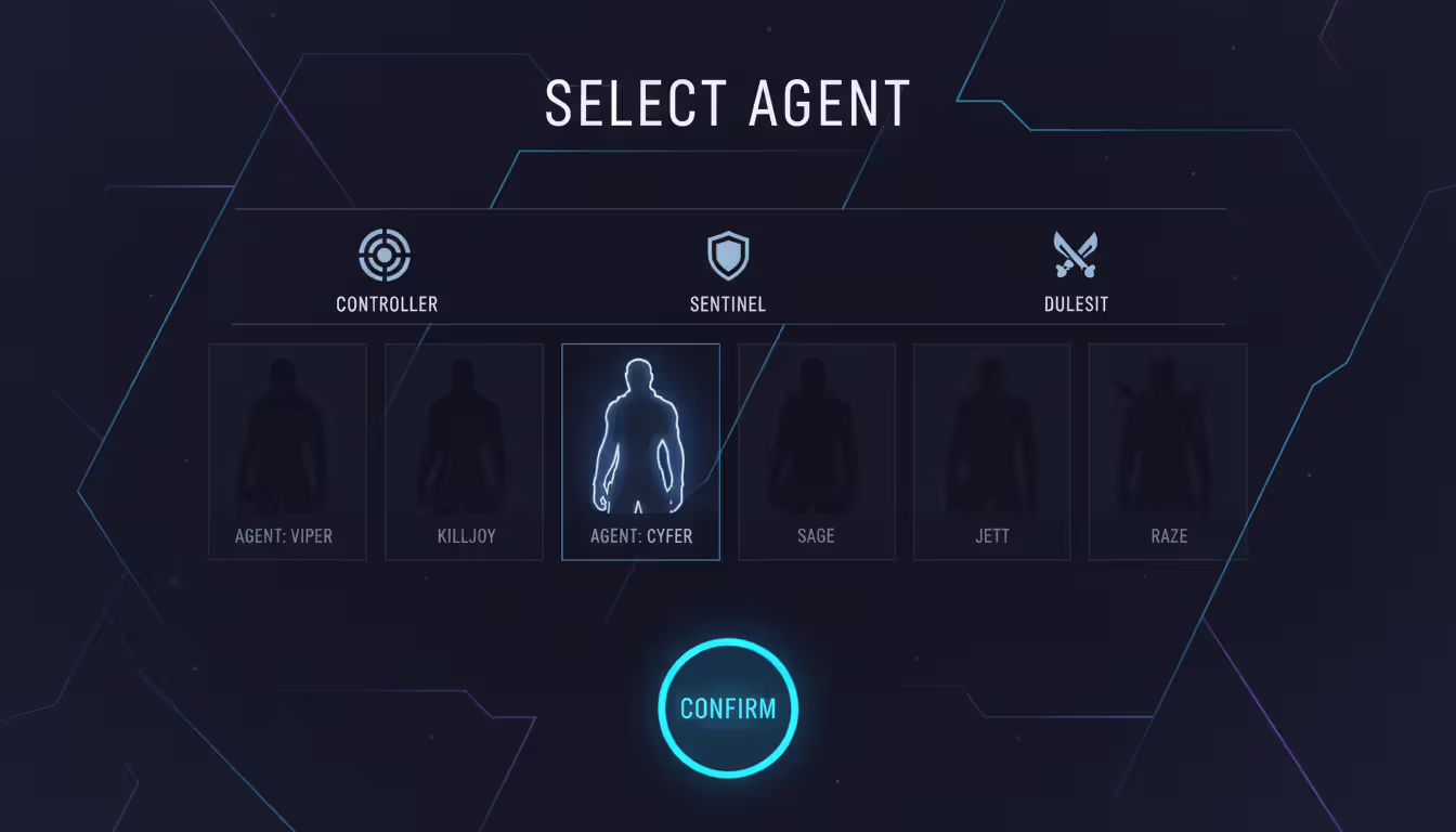 Character selection screen in tactical shooter style showing agent silhouettes divided by roles with one character highlighted as selected