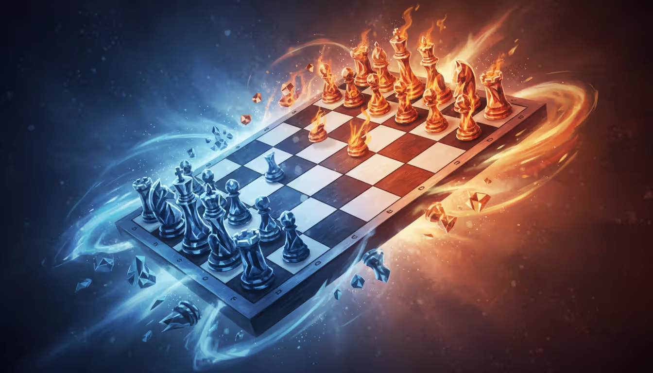 Conceptual illustration of meta shift showing a flipping game board with abstract pieces, one side in cold blue tones and the other in warm orange tones symbolizing strategy change