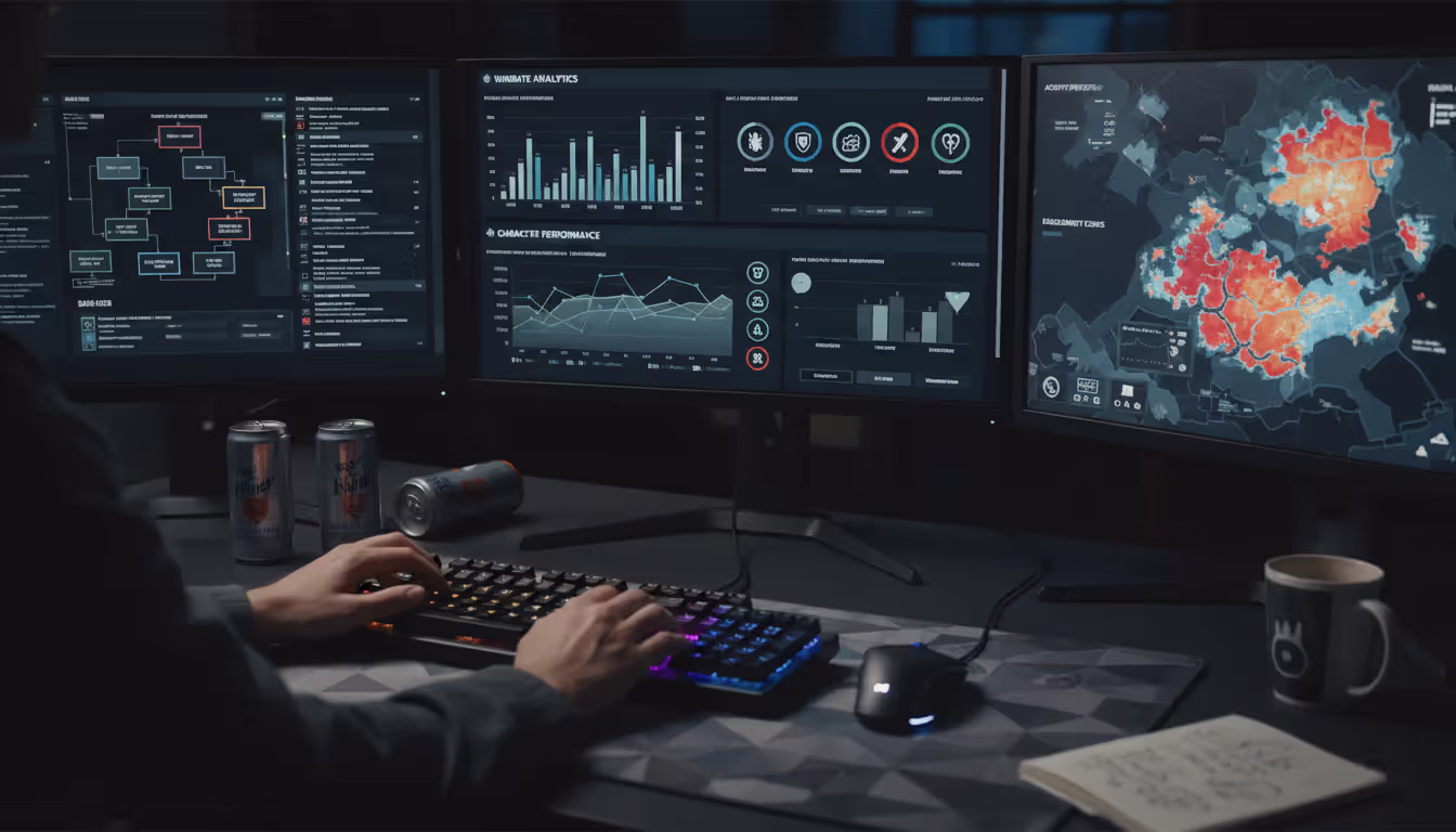 Game developer workspace with multiple monitors displaying win rate charts, heatmaps and gameplay analytics data in a modern game studio office