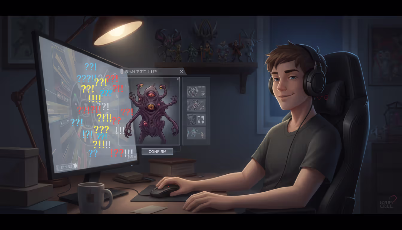 Gamer confidently selecting an unconventional character on screen while abstract chat reactions with question marks and exclamation marks appear in team chat window