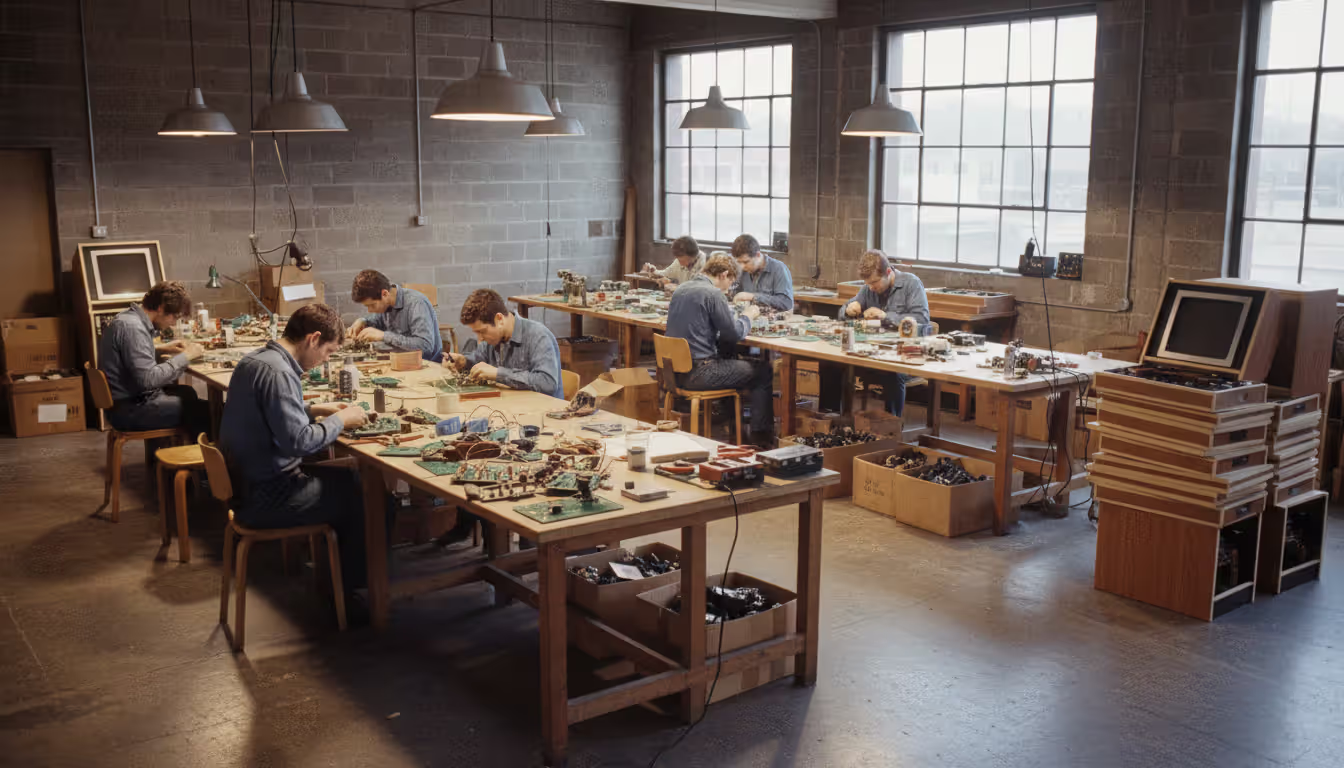 Early 1970s makeshift workshop in converted roller rink with workers hand-assembling arcade game cabinets, circuit boards and components on tables