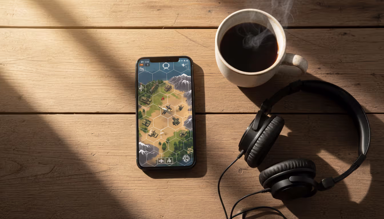 Top-down view of a smartphone on a wooden table displaying a tactical turn-based battle with hexagonal grid next to a coffee mug and headphones