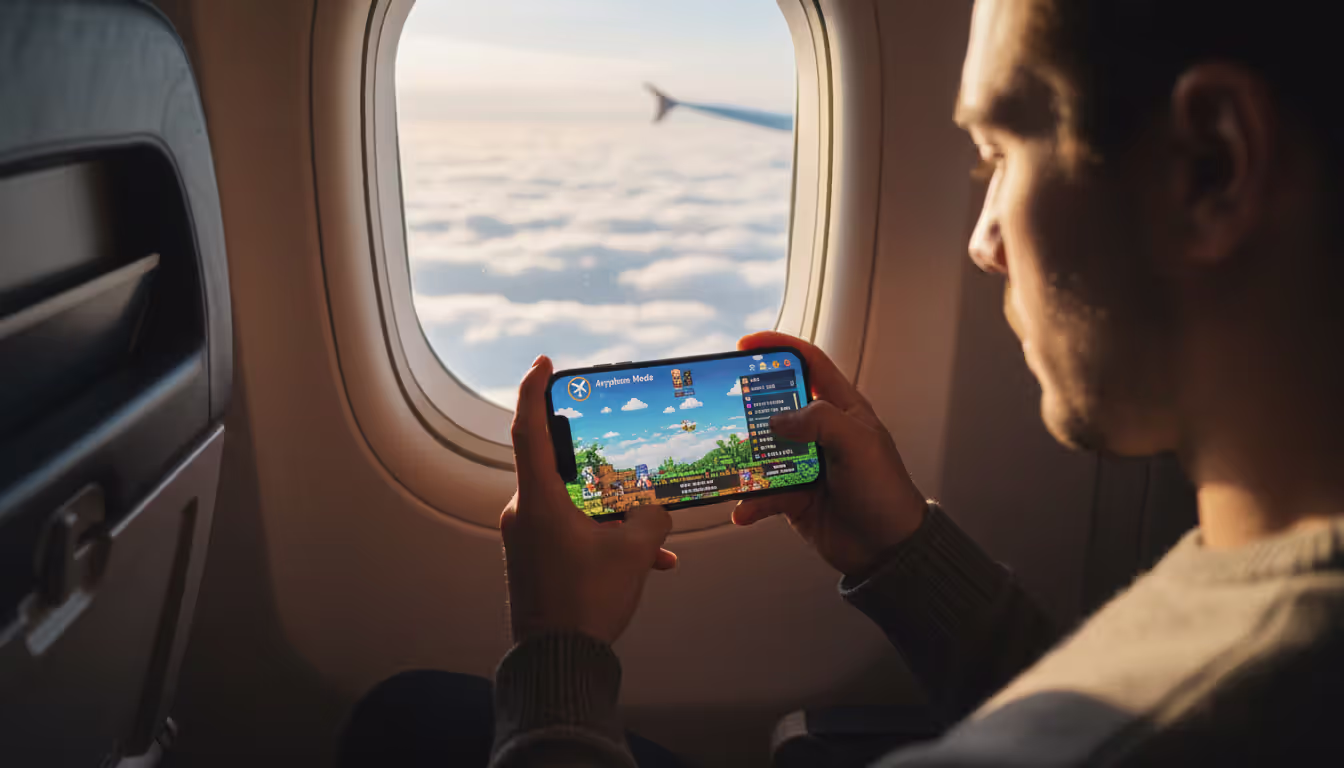 Person sitting by an airplane window playing a pixel-art RPG on a smartphone with clouds visible outside and airplane mode icon on screen