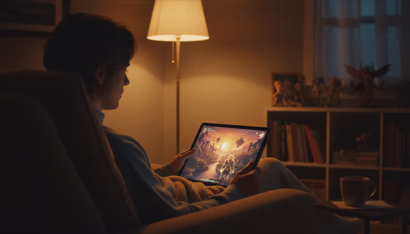 Person sitting in an armchair at evening illuminated by tablet screen showing a fantasy RPG mobile game, warm lamp light in dark room background