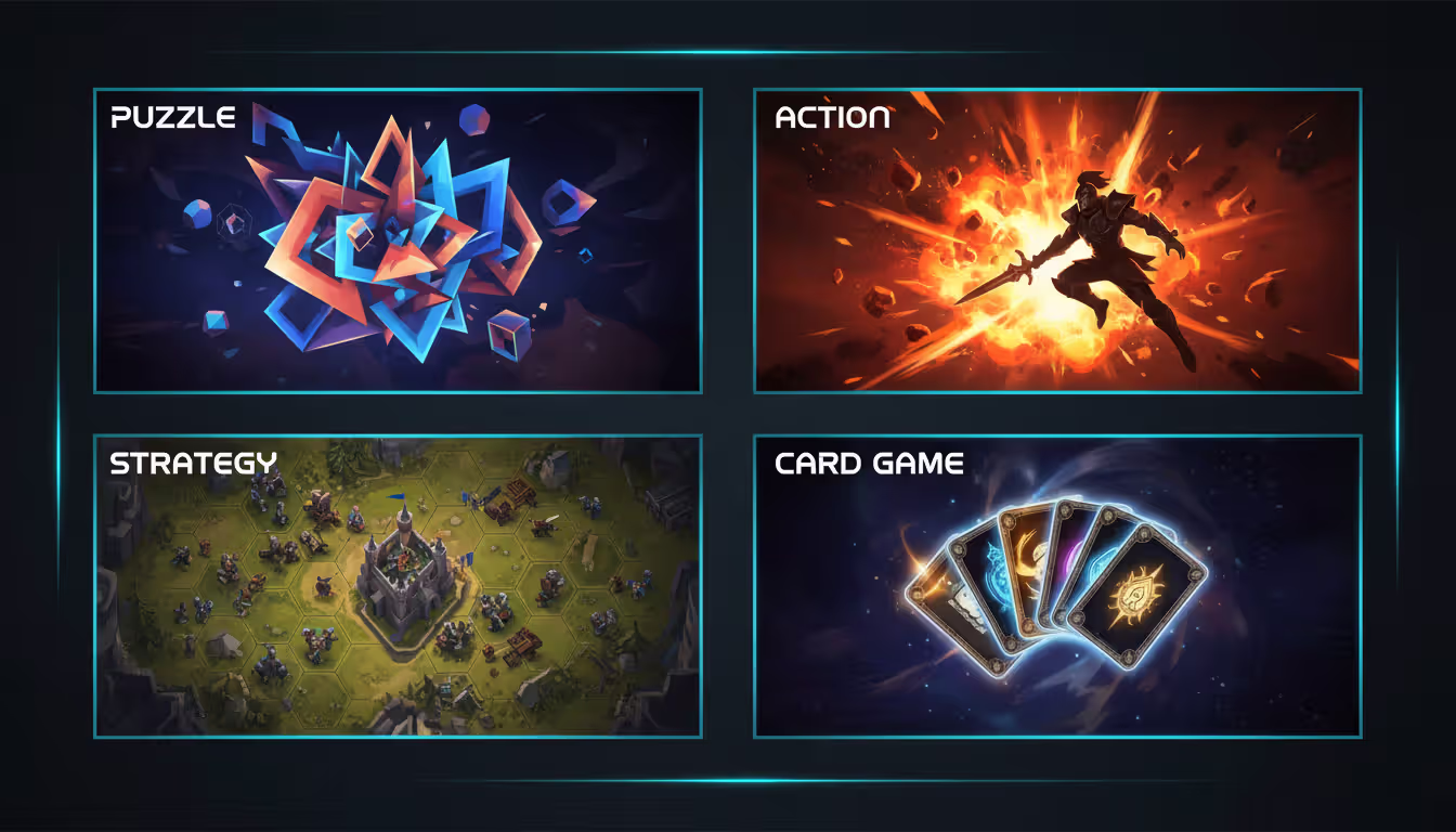 Collage of four mobile game genre sections on dark background: geometric puzzle shapes, action warrior silhouette with explosion, top-down strategy map with units, and glowing fan of cards divided by luminous lines