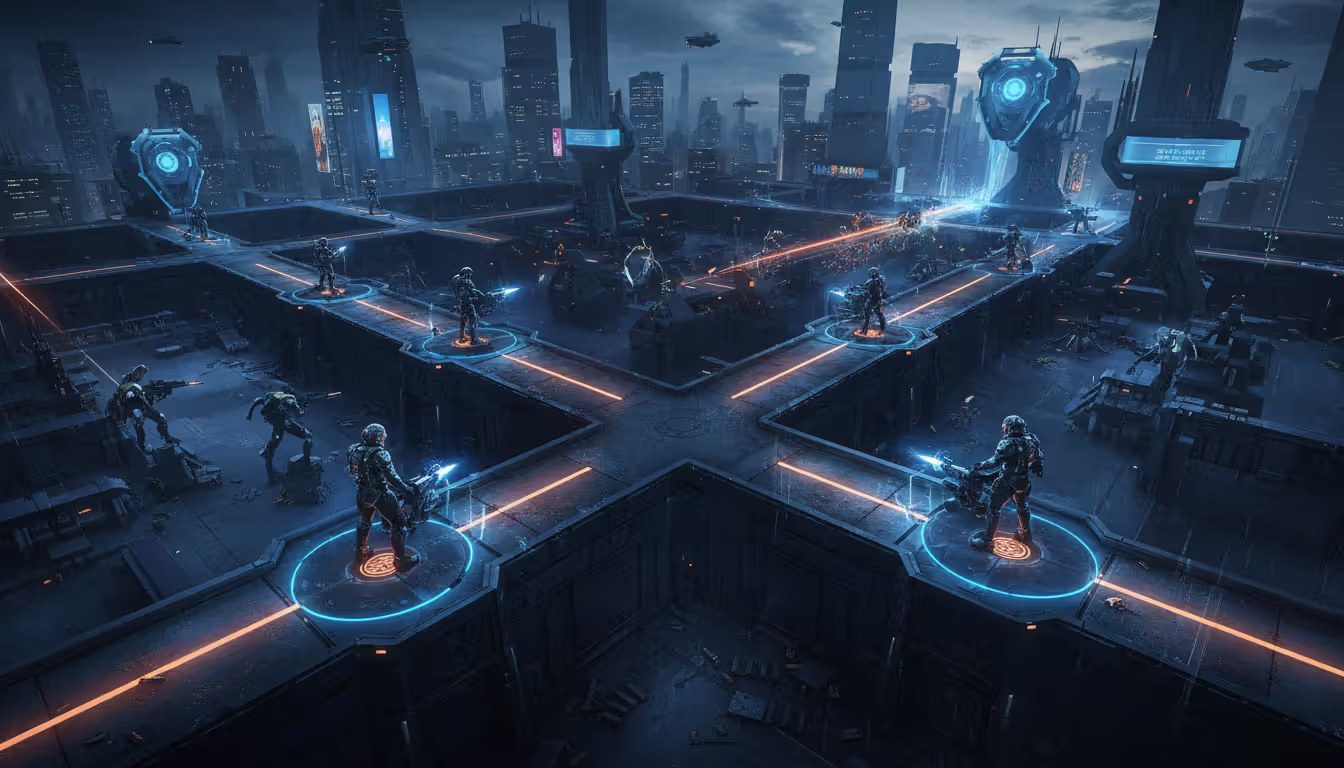 Dystopian sci-fi tower defense battlefield viewed from above with operator characters positioned on tactical points in dark urban environment with neon blue and orange accents