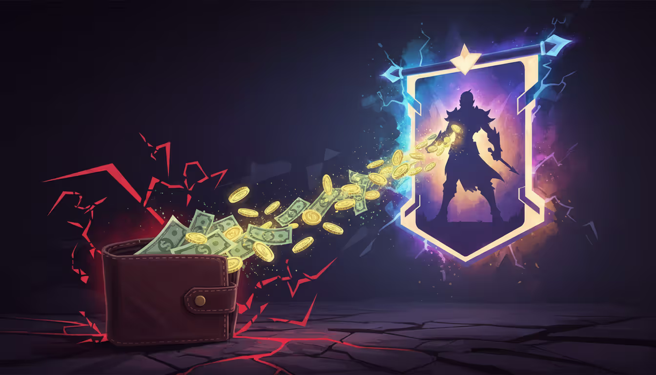 Open wallet with coins and banknotes flying toward a glowing game banner with rare character silhouette split between bright attractive side and dark warning red side representing gacha spending trap