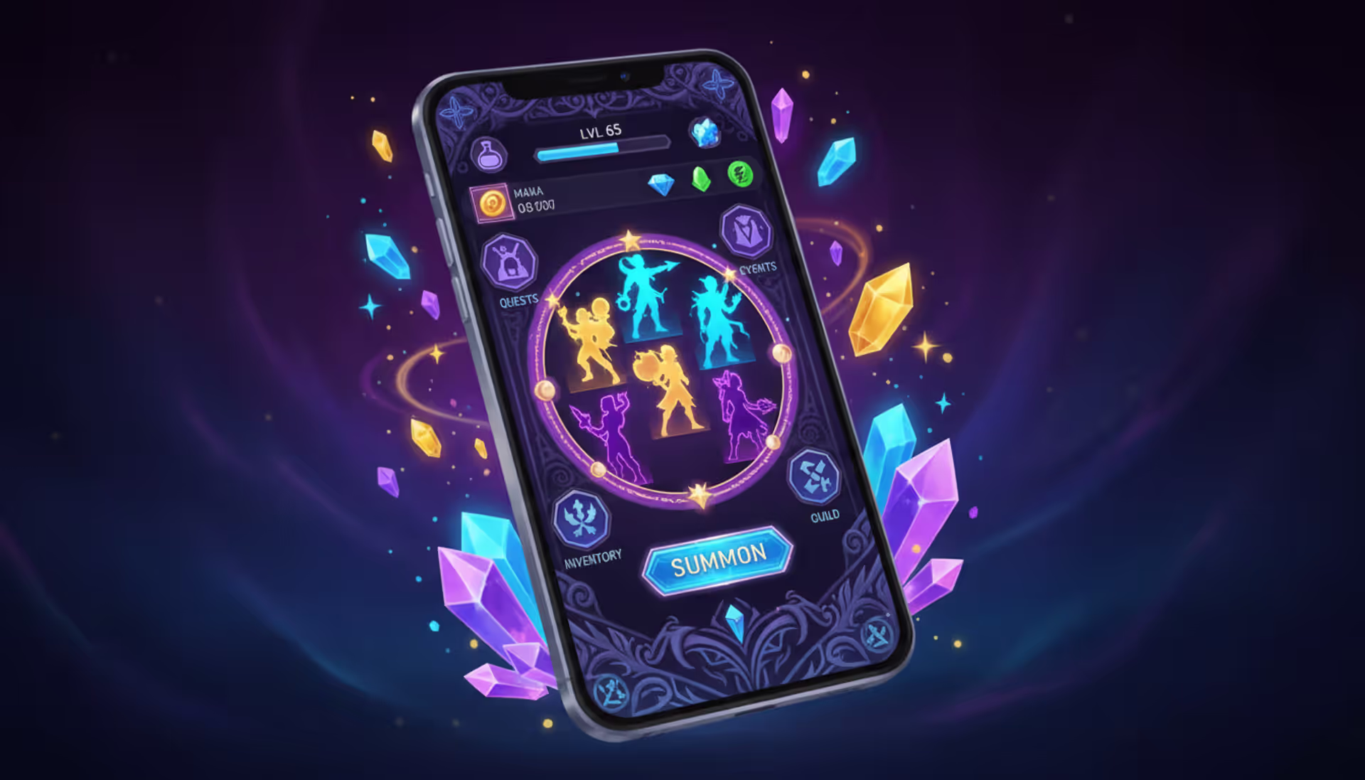 Smartphone displaying a fantasy mobile gacha game interface with glowing character silhouettes of different rarities surrounded by floating crystals and stars on a dark purple-blue gradient background