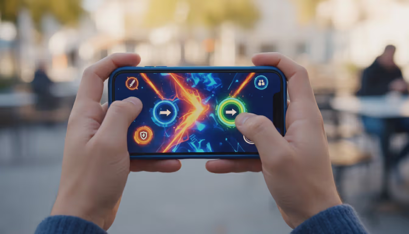 Close-up of two hands holding an iPhone in landscape mode with thumbs touching a colorful game interface featuring swipe and tap controls with a blurred cafe background