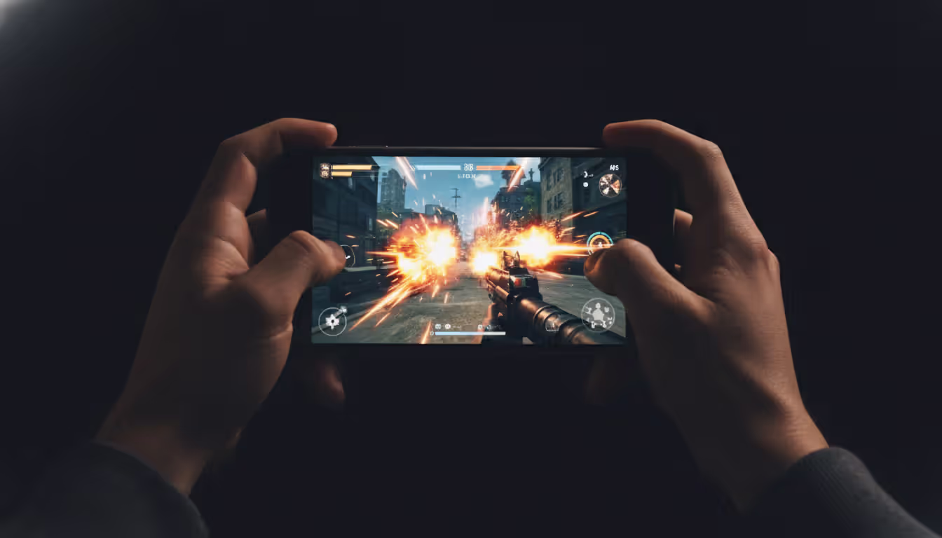Close-up of hands holding smartphone horizontally displaying first-person shooter game scene with explosions and bright visual effects