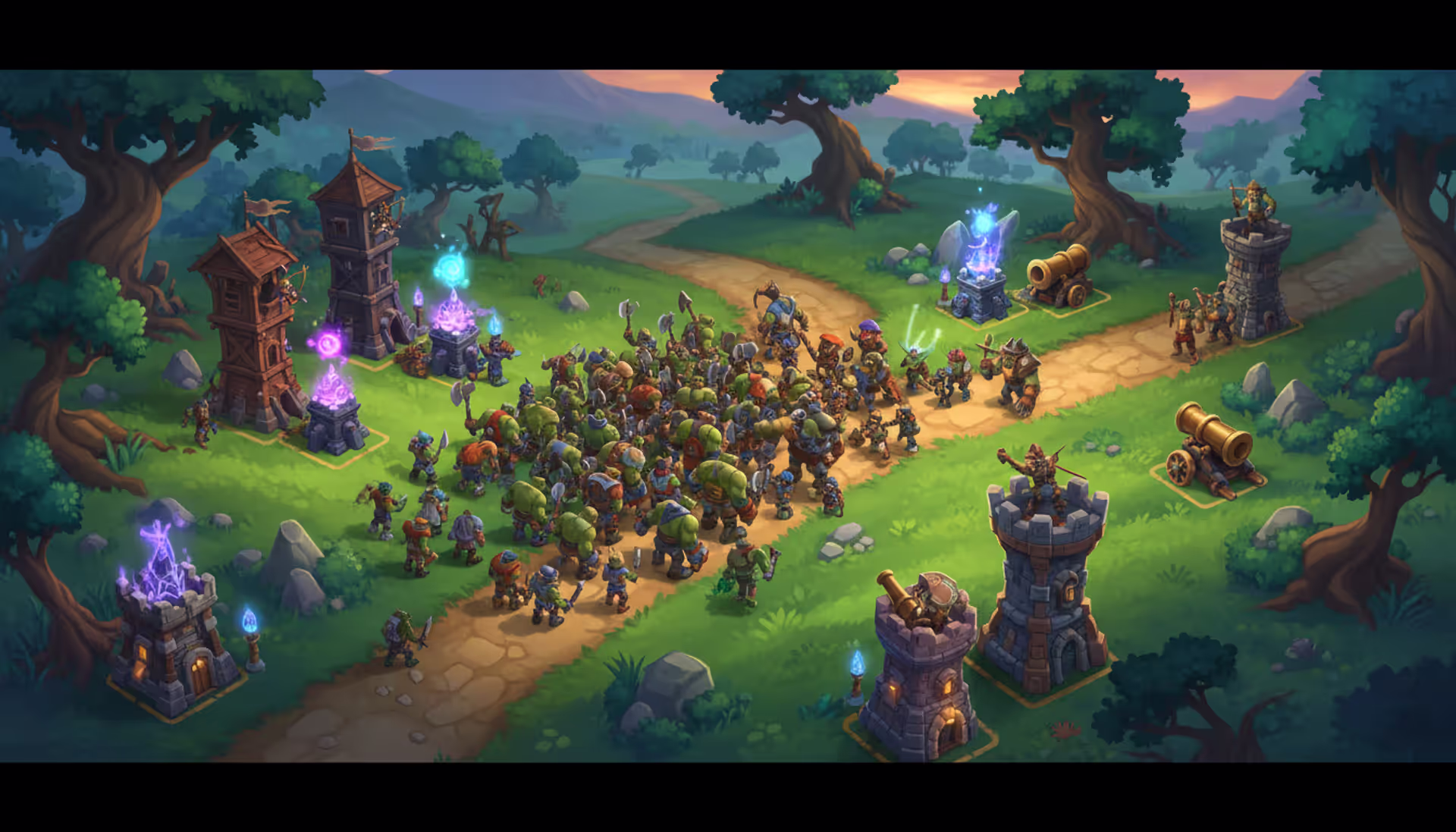 Top-down view of a colorful fantasy tower defense battlefield with diverse towers along a winding path and a wave of enemies approaching the base