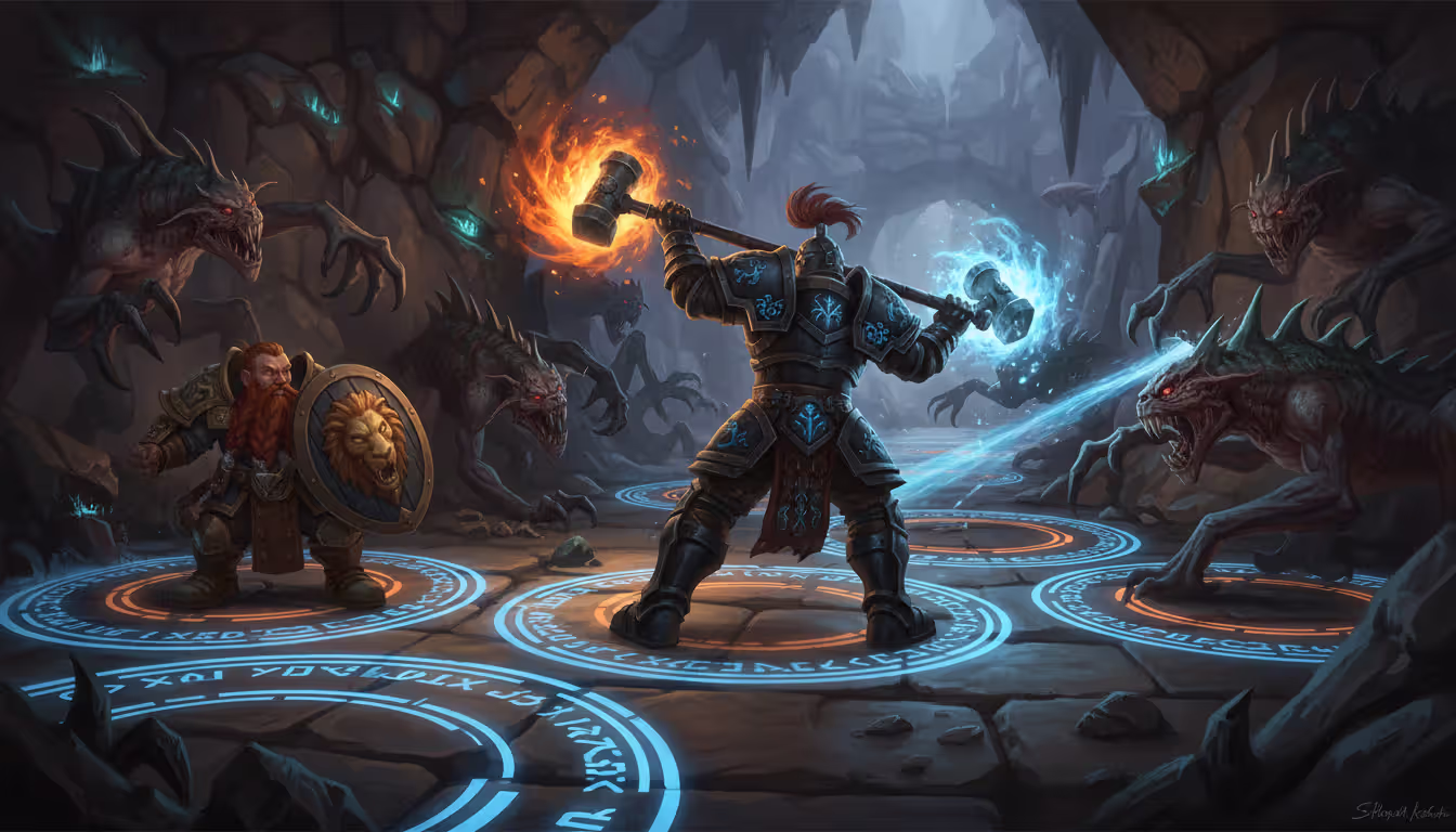 A WoW character in heavy armor fighting underground monsters in a narrow stone corridor while a dwarf companion tanks with a shield, spell effects visible