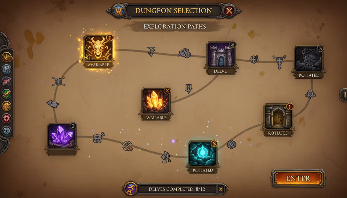 A fantasy parchment-style map showing multiple dungeon Delve icons connected by paths with some highlighted and some dimmed in WoW UI art style