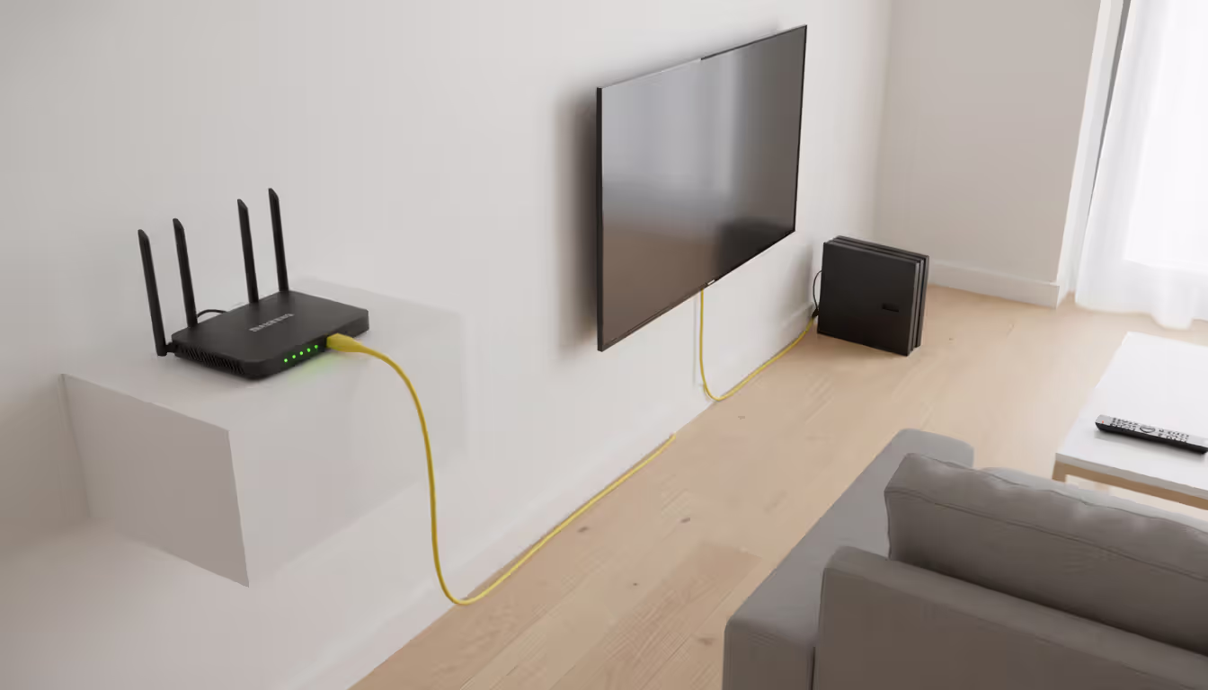 Home router connected by a yellow Ethernet cable to a gaming console next to a TV in a bright living room