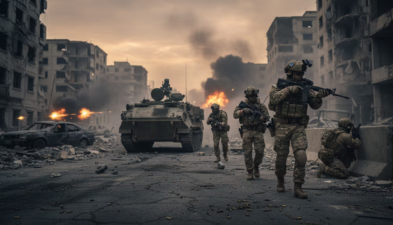 Squad of modern soldiers advancing through a destroyed urban street with armored vehicles and explosion smoke in the background in a military shooter game scene