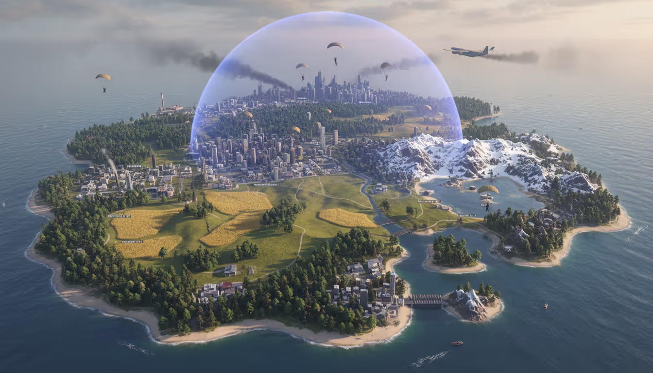 Aerial view of a battle royale game map with diverse terrain, a shrinking energy dome safe zone, and parachuting players landing on an island