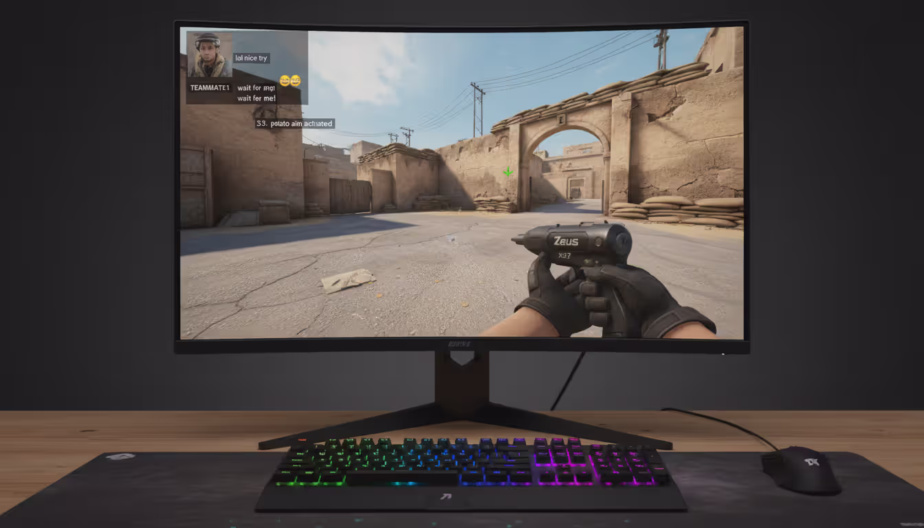 CS2 first-person view of a crouching player holding a Zeus taser on Dust2 B site with team chat messages visible, RGB gaming keyboard in foreground