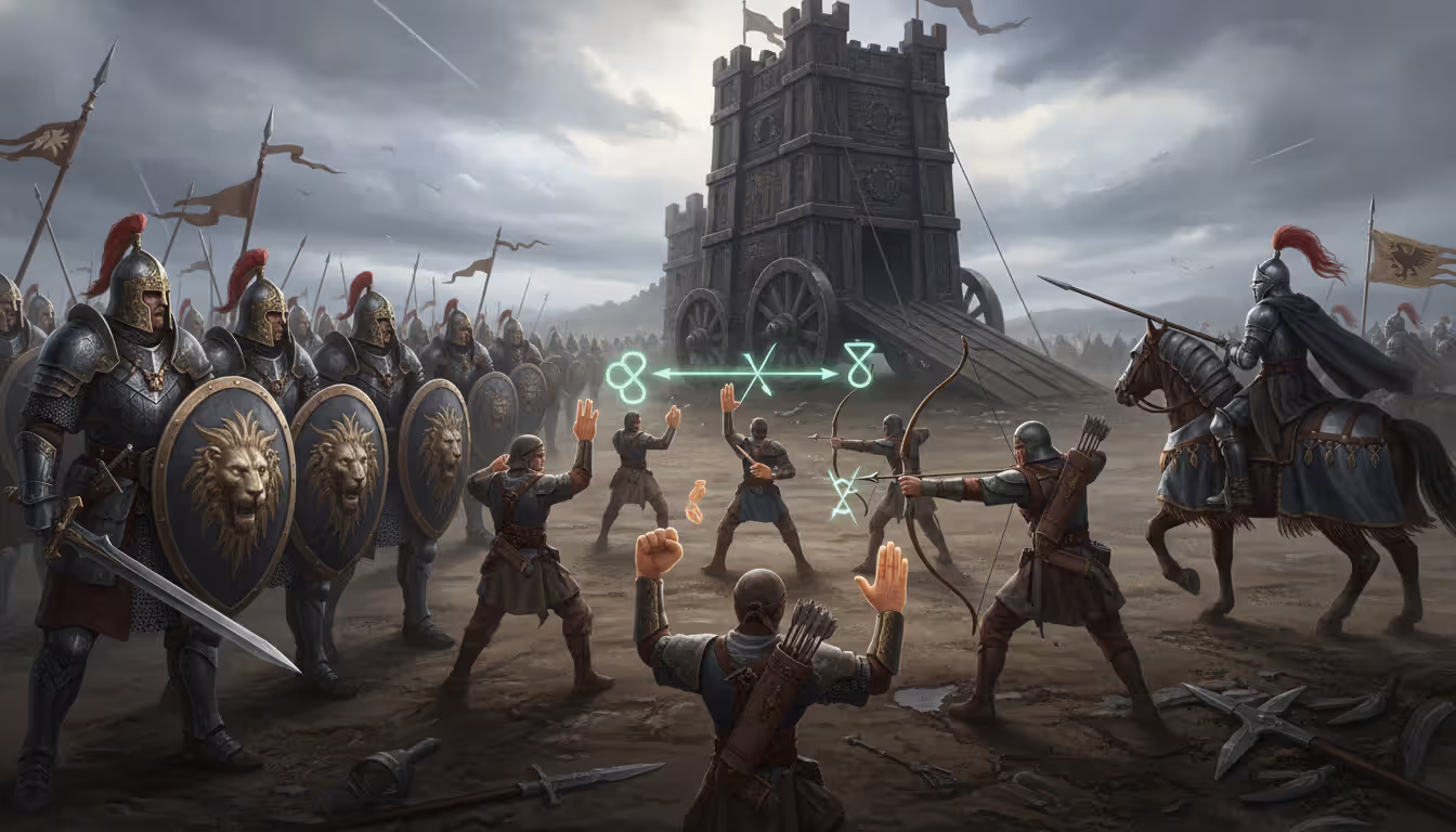 Four fantasy troop types facing each other on a battlefield infantry with shields cavalry archers and siege tower with counter advantage arrows between them