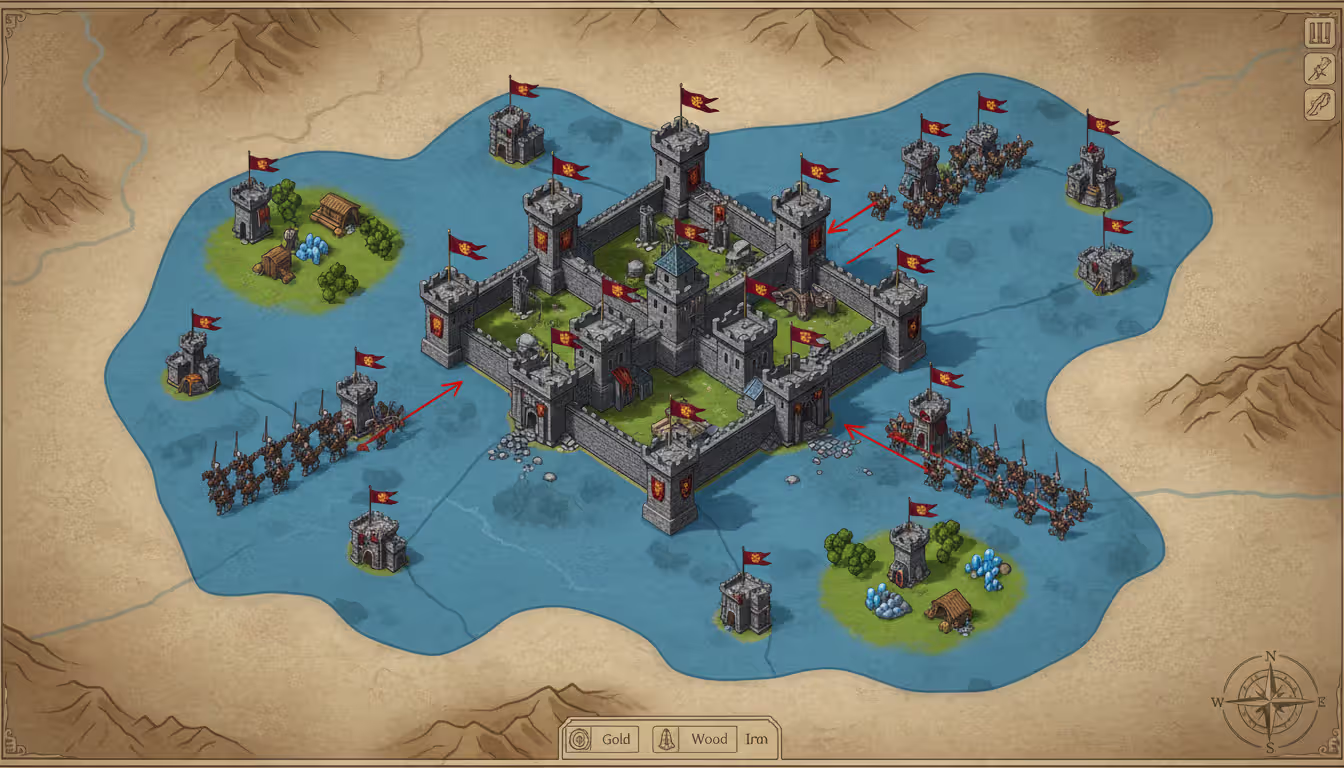 Alliance territory on a strategy game map with grouped castles shared banners controlled fortresses resource zones and reinforcement armies moving between allied positions