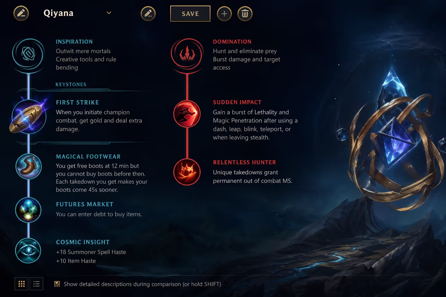Qiyana rune page setup showing First Strike keystone in Inspiration tree with Magical Footwear Futures Market Cosmic Insight and secondary Domination tree with Sudden Impact and Relentless Hunter on dark blue rune selection interface
