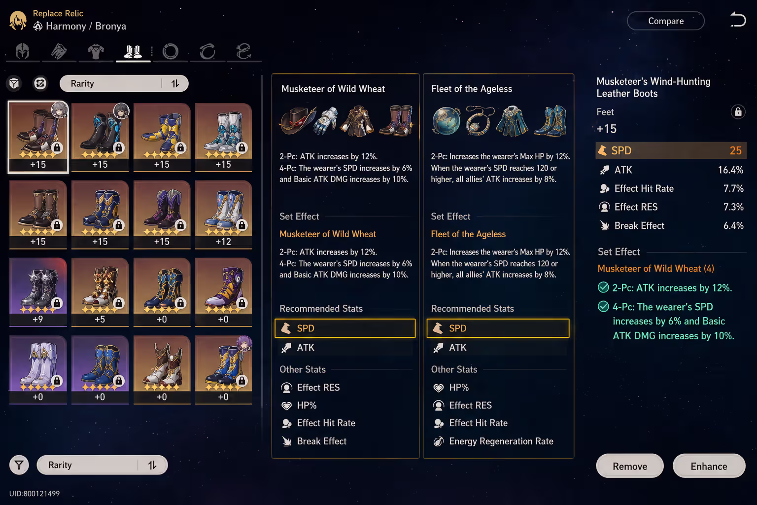 Honkai Star Rail relic inventory screen showing Musketeer of Wild Wheat and Fleet of the Ageless sets with highlighted Speed and ATK stat icons