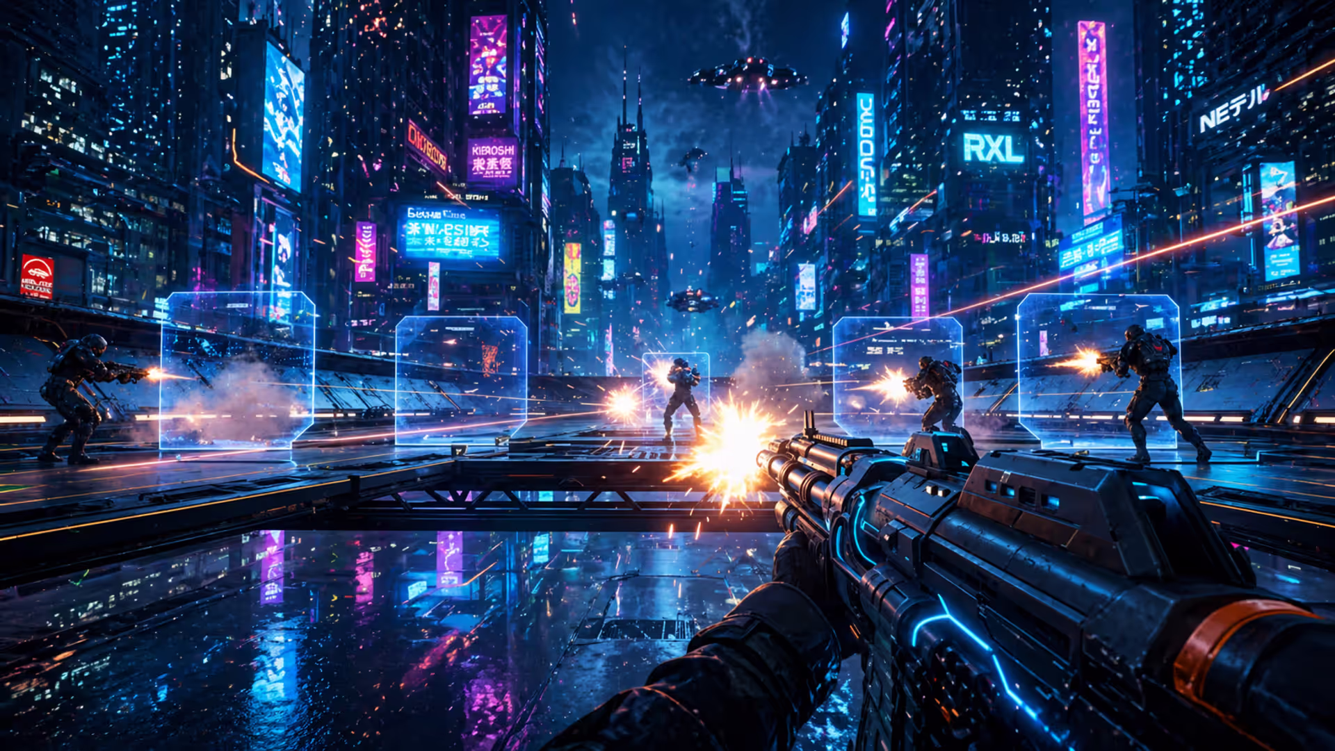 First-person view of a futuristic shooter game arena with neon-lit buildings, weapon in hand, and enemy silhouettes ahead amid muzzle flashes