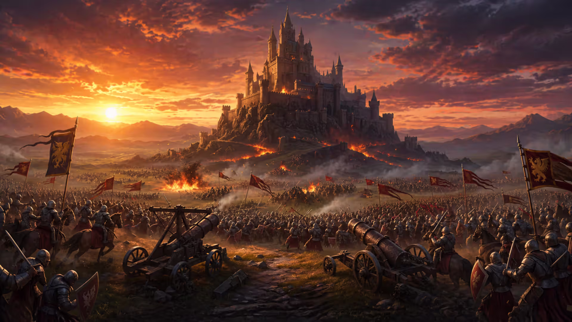 Epic fantasy castle on a hill surrounded by diverse armies including infantry cavalry and archers at sunset with alliance banners and siege weapons in the foreground